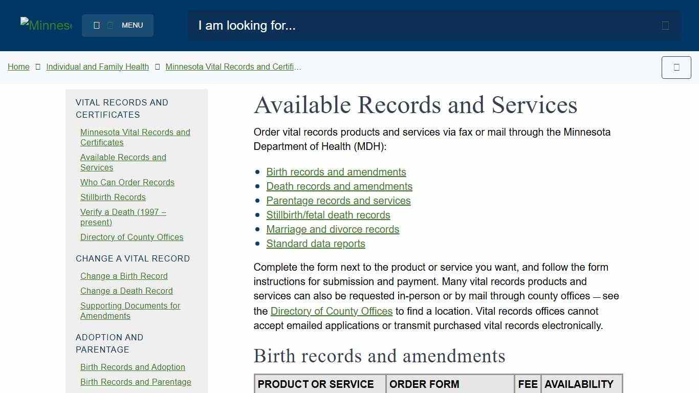 Available Records and Services - MN Dept. of Health