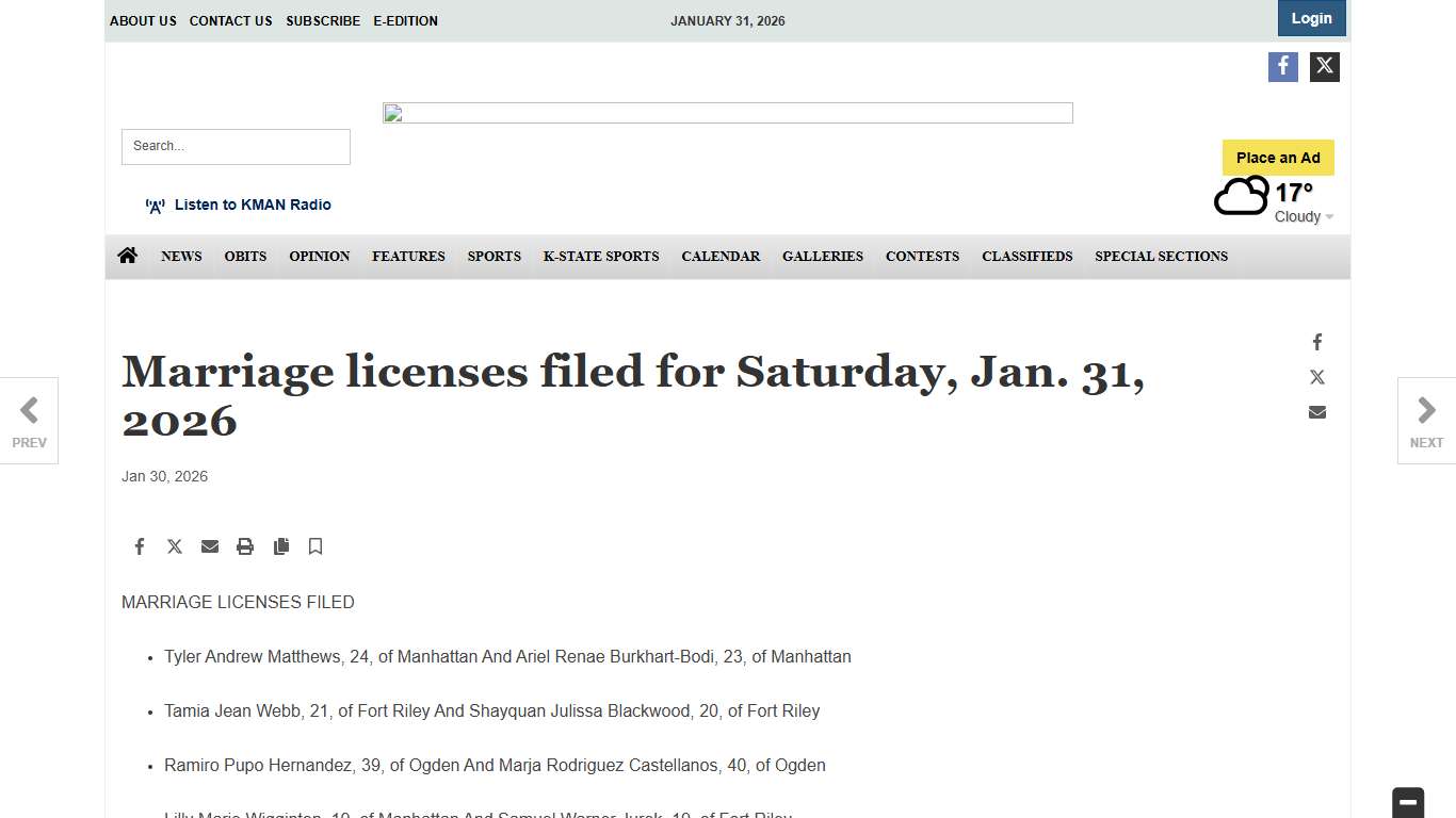 Marriage licenses filed for Saturday, Jan. 31, 2026 News themercury.com